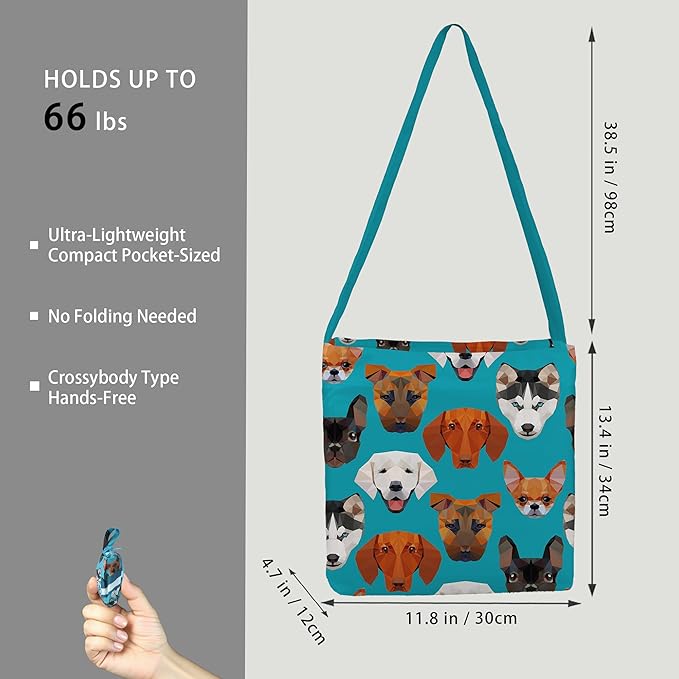 BeeGreen Dog Ultimate Crossbody Tote Bag - Reusable Grocery Shopping Bag - Foldable Compact Portable Lightweight Duffle Bags