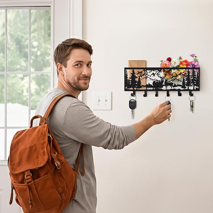 Deer Metal Wall Mail Organizer Wall Mounted Key and Mail Holder Mail Basket Hanging Mail Sorter and Key Organizer for Entryway Bedroom Bathroom Kitchen