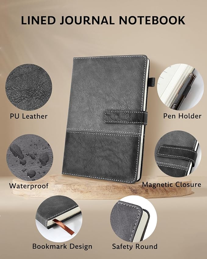 Leather Notebook Journal with Pen, A5 Lined Hardcover Notebook with Magnetic Closure, 240 Pages Daily Journal for Men Women, Ruled Journals Notebooks for Work, Writing, Note Taking - Black