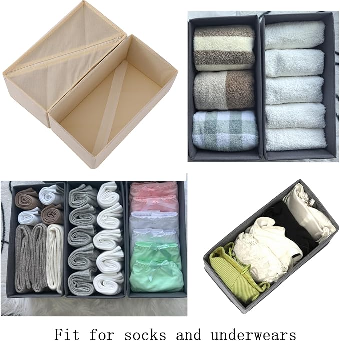 Socks Drawer Organizer Set of 3 Pack Beige, 11' Small Underwear Dividers, Closet Cabinet Dresser Wardrobe Storage Boxes for Girls' Panty Stockings Leggings