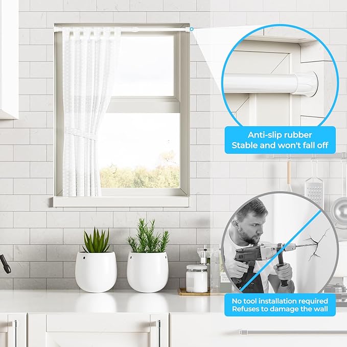 AIZESI 2PCS White Tension Rod 17 to 28 Inch, Adjustable Spring Curtain Rod No Drilling, Spring Tension Rods for Window DIY Projects Cupboard Wardrobe Small Curtain Rods Short Tension Rod