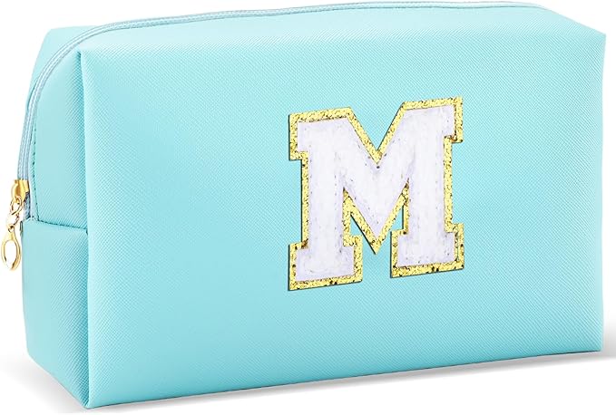 Gifts for Girls Initial Makeup Bag Personalized Cosmetic Bag with Zipper Cute Travel Toiletry Bag Waterproof PU Preppy Makeup Pouch Birthday Gift for Teen Girls Women(Blue M)