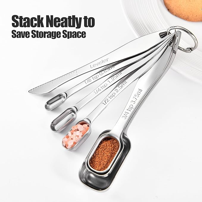 18/8 Stainless Steel Measuring Spoons: Doosu Heavy Duty Rectangular Spoon Square Teaspoon Tablespoon Scoop with Slim Long Handle in Narrow Spice Jar for Kitchen Baking Cooking (Set of 7 with Leveler)