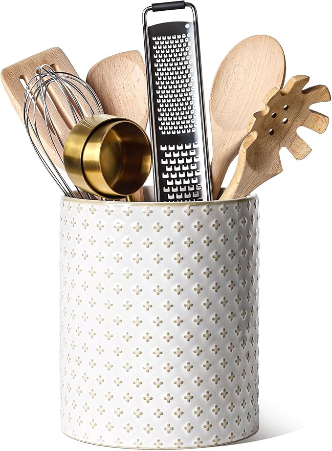 LE TAUCI Utensil Holder for Kitchen Counter - 7.1" Large Ceramic Utensil Crock, Cooking Utensil Organizer for Spatula, Spoon, Whisk - Farmhouse Kitchen Countertop Storage, Embossed, Clover