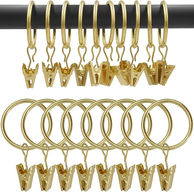 WeeksEight 100 Pack Gold Curtain Rings with Clips, Curtain Hooks Hangers Clip Rings for Hanging Drapes Bows Hat, Drapery Rings 1.26 in I D, Fits up to 1 in Diameter Curtain Rod.