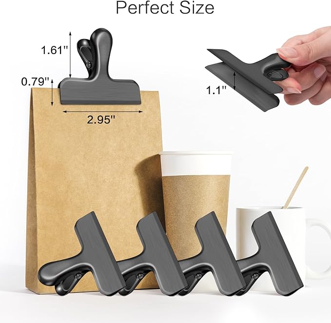 24 Pack Chip Clips, Stainless Steel Bag Clips for Food, Heavy-Duty Chip Bag Clips, Food Clips Ideal for Kitchen Office Storage (Black)