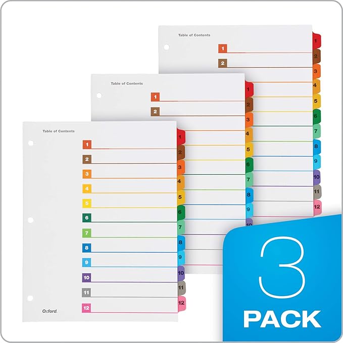 Oxford Binder Dividers, 12 Tabs, Numbered 1–12, 3 Pack, Customizable Table of Contents Page, Reversible Multicolor Tabs, 3-Hole Punched for Binders