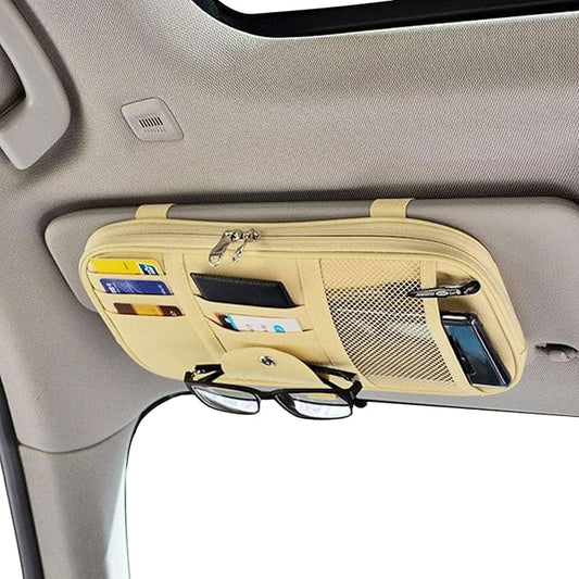 Da by Car Sun Visor Organizer, Multi-Pocket Visor Organizer Storage Pouch for Cars, SUVs & Trucks with Double Zippers, Elastic Bands & Glasses Clip- Organizes Essentials Keep Tidy (Beige Light Yellow)