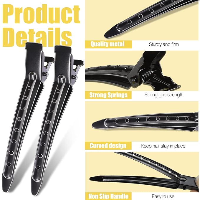 YGDZ Duck Billed Clips, 30pcs 3.5 inch Metal Alligator Hair Clips with Holes, Hair Clips for Styling Sectioning, Hair Coloring, Pin Curl Clips for Hair Roller, Black