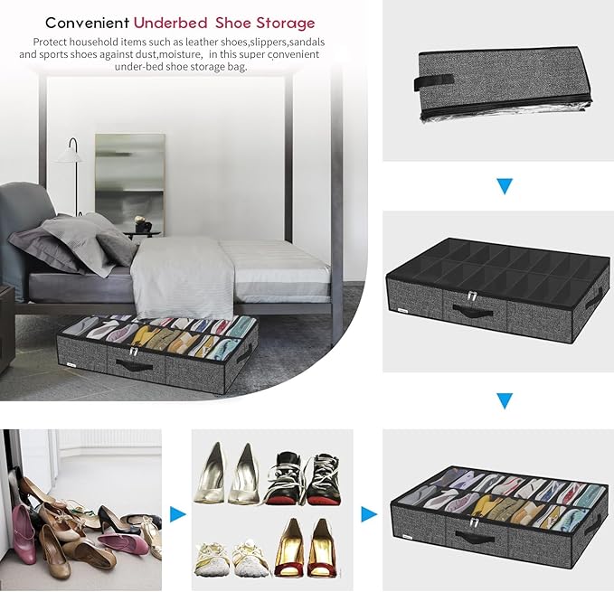 Onlyeasy Sturdy Under Bed Shoe Storage Organizer, Fits 8 to 16 Pairs, Collapsible Closet Underbed Shoes Container Bags with Reinforced Handles, 37.7x23.6x5.9in, Linen-like Black, MXAUBS16P1