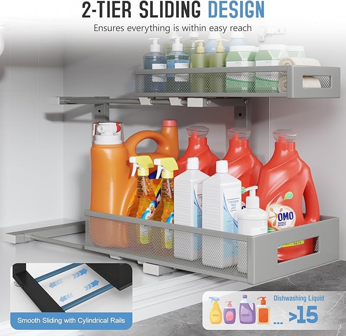 Biboraya 1 Pack 17IN Depth Under Sink Storage Organizer, Large 2-Tier Elegant Mesh Pull Out Shelf for Kitchen and Bathroom Cabinet Organization, L-Shaped and Adjustable Height Design-Gun Gray