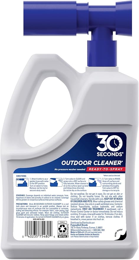 30 Seconds Outdoor Cleaner | Cleans Moss Stains from House, Vinyl Siding, Deck, Patio, Fence - 3 Capped Bottles, 1 Hose End Spray Attachment (64 Fl Oz (Pack of 3)