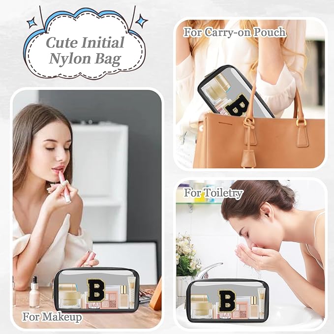 Small Clear Personalized Initial Makeup Bag,Nylon Preppy A-Z Chenille Letter Patch Cosmetic Pouch Beach Toiletry Bag,Waterproof Zipper Travel Purse Storage Bag Organizer for Women Girls(Black-Black B)