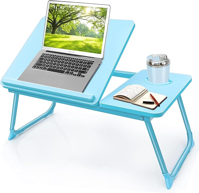 Laptop Desk for Bed Couch, Lap Desk for Laptop, Portable Laptop Stand for Desk, Small Adjustable Laptop Desk, Foldable Bed Table for Laptops and Writing, Bed Tray Table with Cup Holder (Blue)