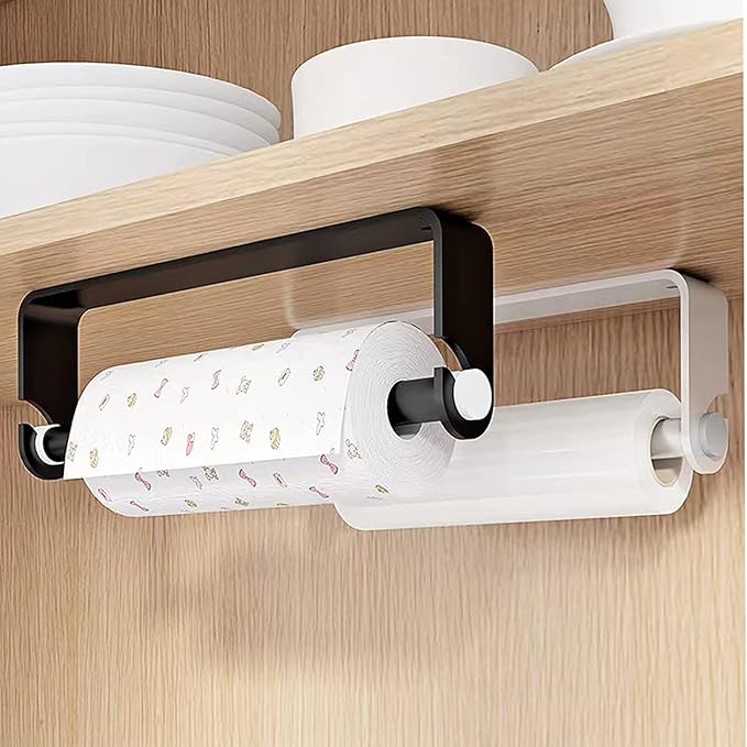 Aheucndg Paper Towel Holder for Kitchen, Wall Mount Paper Towel Holder, for Kitchen or Bathroom Self-Adhesive or Drill Mounting Paper Roll Holder Under Cabinet (Black 2Pack)