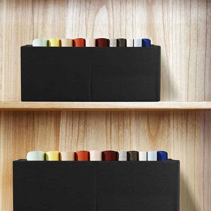 Fabric Storage Bin Box Foldable Cotton Linen Storage Basket with Wooden Handles Rectangular Cube Decorative Home Laundry Organizer Clothes Blanket Container – Black, Medium