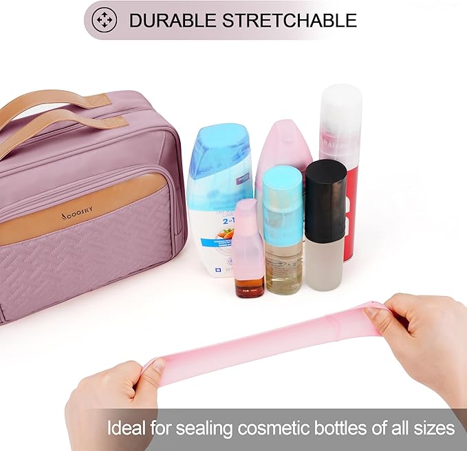 Travel Hanging Toiletry Bag for Women and Men, with 8 Leak-Proof Silicone Bottle Covers, Waterproof Makeup Accessories, Cosmetic Essentials, Toiletries Dopp Kit Set with Jewelry Organizer, Purple
