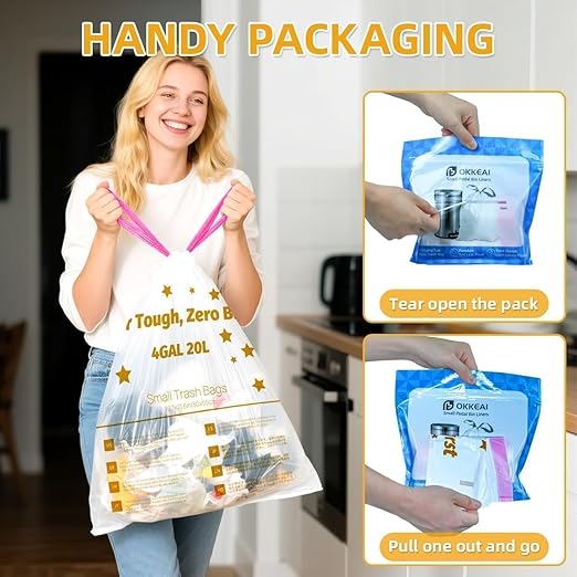 OKKEAI 4 Gallon Small Trash Bag Drawstring. 60 Count White Heavy Duty Trash Bags Tear & Leak-Proof Wastebasket Liners with Safety Warning for Bathroom, Kitchen, Bedroom, Office