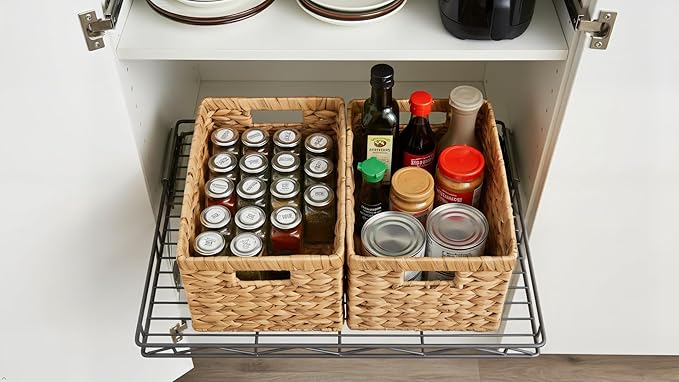 SODAANUS Water Hyacinth Storage Baskets Set of 2 - Medium Decorative Wicker Baskets for Organizing Shelves, Rectangular Woven Storage Bins with Handles for Pantry, Bathroom, Living Room 13"x9"x7"