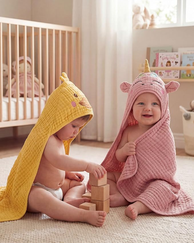 Blissful Diary Muslin Baby Hooded Towel 2 Pack, Soft & Absorbent Bath Towel for Infant, Toddler, Unisex, Baby Gift, Newborn Essentials, Sunny Duck & Dreamy Unicorn