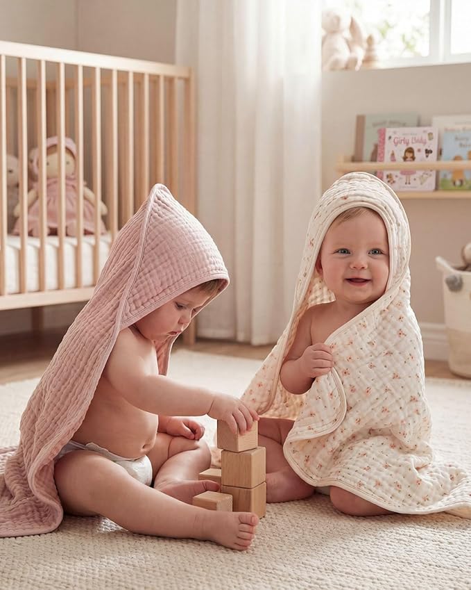 Blissful Diary Muslin Baby Hooded Towel 2 Pack, Soft & Absorbent Bath Towel for Baby Girls, Infant Gift, Newborn Essentials, Pink Floral & Light Pink