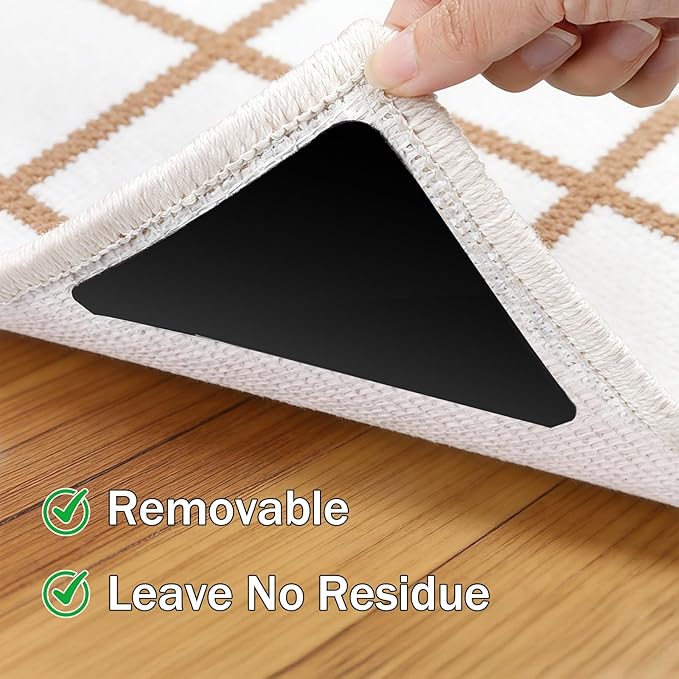 Songrey Rug Tape Rug Corner Grippers 24PCS, Reusable Double-Sided Carpet Tape to Hold Area Rugs Down, Non Slip Rug Pads Gripper for Hardwood Floors No Damage