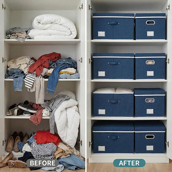 PRANDOM Storage Bins with Lids [3-Pack] Linen Fabric Foldable Storage Boxes Organizer Containers Baskets Cube with Cover for Bedroom Closet Office Royal Blue (23.4X15.9X11.4)