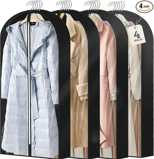 4 pack 60" Clear Garment Bags for Hanging Clothes, Suit Bags for Closet Storage, Clothing Storage, Garment Bags for Travel Covers with 4" Gussets for Coats, Jackets, Shirts, Dresses & Sweater, Black