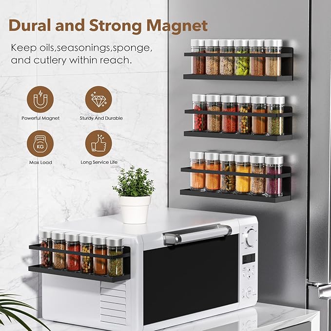 Magnetic Spice Rack for Refrigerator, Magnetic Fridge Shelf for Kitchen Spice Organizer, Spice Rack Wall Mount, Fridge Organizers and Storage (2, Black)