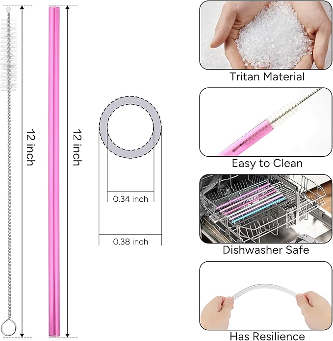 Replacement Straw Compatible with 40 oz Stanley Quencher Tumbler, 12 Inch Extra Long Reusable Plastic Straws for 40 Oz Cup,Dark Pink-6 Pack