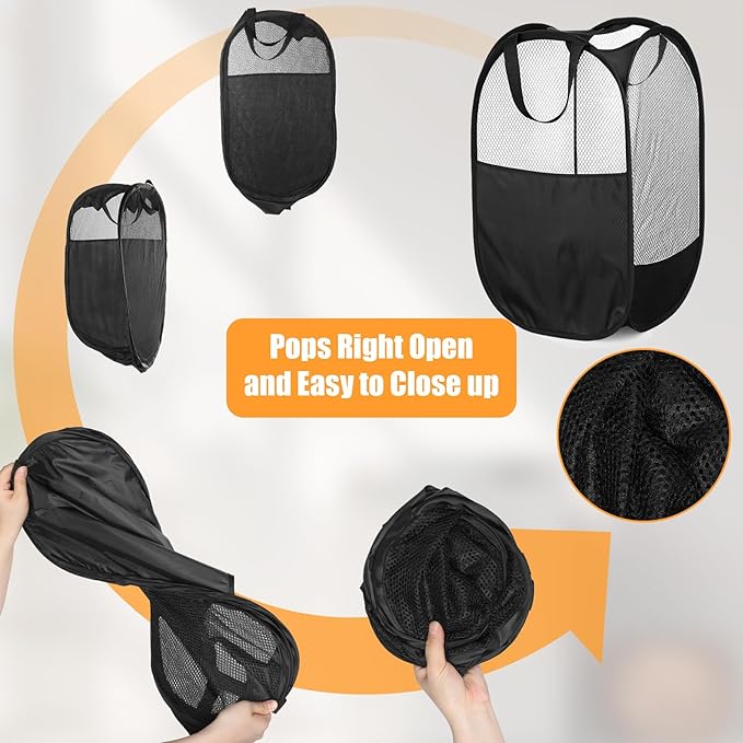 9Pcs Mesh Hamper Pop up Hampers for Laundry Foldable Laundry Basket with Sturdy Handles (Black/White/Blue) Dirty Clothes Baskets for Bedroom College Dorm Travel Storage