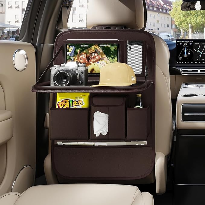 GMQ Back Seat Car Organizer 1 Pack,Backseat Organizer with Tray,Multifunctional Car Seat Back Storage Box with Foldable Tablet Holder (Coffee, Plain weave)