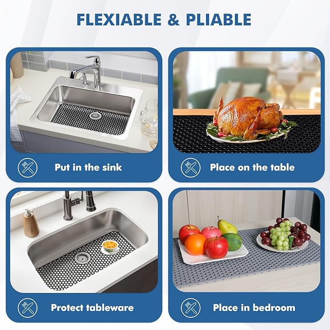 Silicone Sink Protectors for Kitchen Sink with Rear Drain - 26"x 14" Kitchen Protector Accessory, Non-Slip Heat Resistant Grid Mat for Bottom of Farmhouse Stainless Steel (Rear Hole, Black)