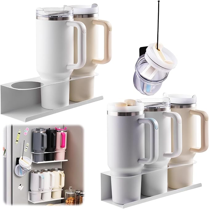 White 2 Pack Magnetic Cup Holder with Lid Holder (1PC) Fridge for 30 & 40 oz Tumbler - Strong Fridge Mount - Water Bottle Organizer for Metal- No Drill Cup Accessories for Car, Kitchen, Office