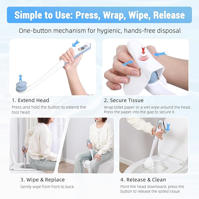 Toilet Aids for Wiping Bottom, 16.5" Long Reach Comfort Wipe - Butt Wiper Tool with Replaceable Head & Wrist Strap - Bottom Buddy Wiping Aid for Elderly, Disabled, Overweight, Post-Surgery