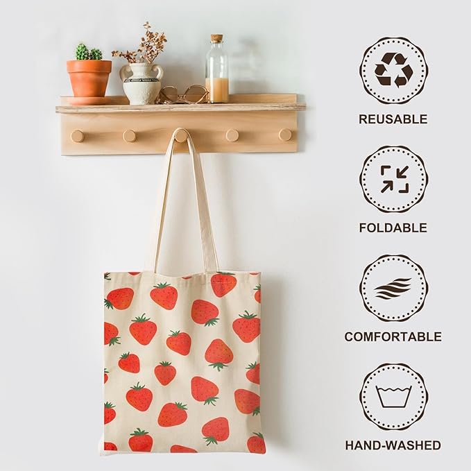 1-PACK Cute Strawberry Print Canvas Tote Bag, Reusable Grocery Bag with Magnetic Snap Closure & Inner Zipper Pocket, Aesthetic Gift for Women