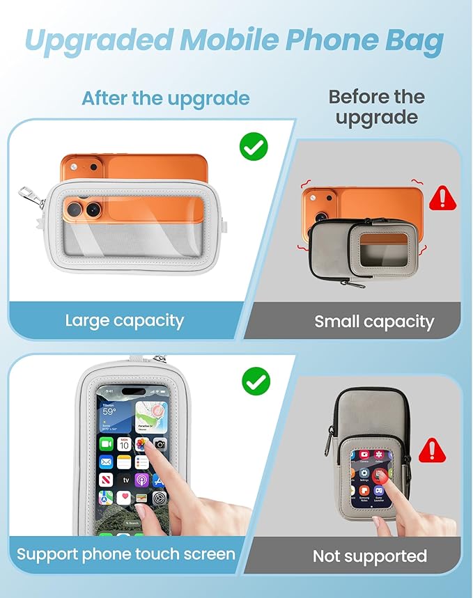 Clip and Go Strap for Phone with Wallet Crossbody, Detachable Wristlet Strap Pocket with Zipper Phone Screen ID Window, 2 Pcs Metal Tether Patches Compatibe with iPhone and Most Smartphones White