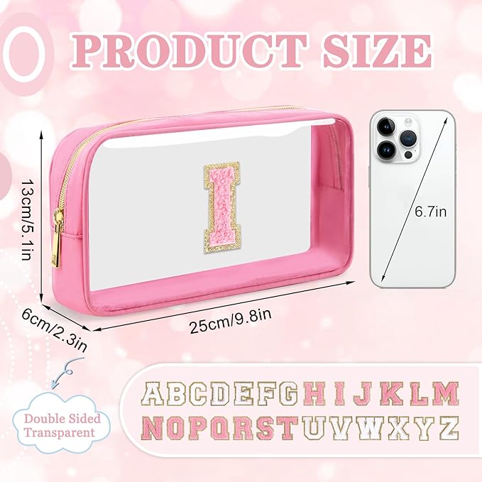 Small Clear Personalized Initial Makeup Bag,Nylon Preppy A-Z Chenille Letter Patch Cosmetic Pouch Beach Toiletry Bag,Waterproof Zipper Travel Purse Storage Bag Organizer for Women Girls(Pink-Pink I)
