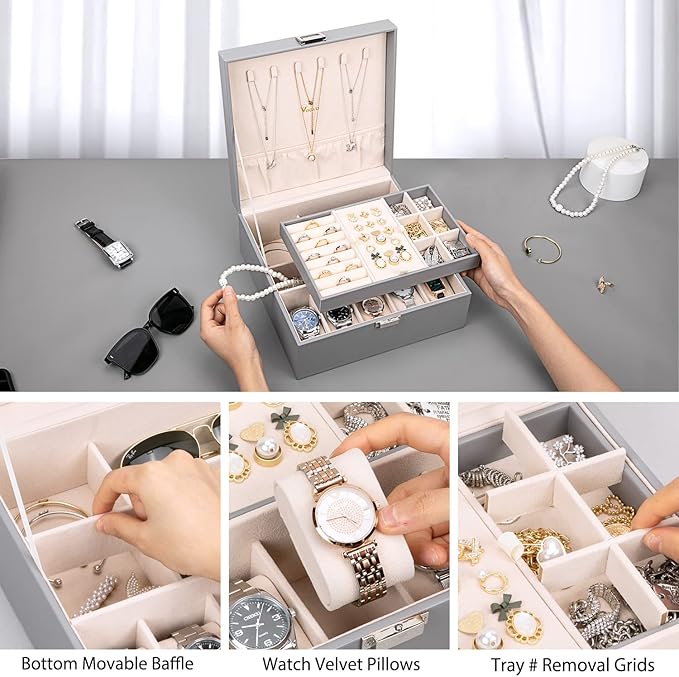 Voova Jewelry Box Organizer for Men Women, 2 Layer 5 Slot Watch Storage Case with Removable Tray, PU Leather Large Jewellery Holder Display for Watches Sunglasses Rings Earrings Necklace, Grey
