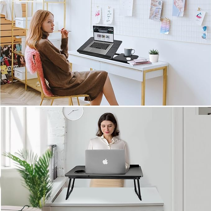 Laptop Desk for Bed Couch, Lap Desk for Laptop, Portable Laptop Stand for Desk, Small Adjustable Laptop Desk, Foldable Bed Table for Laptops and Writing, Bed Tray Table with Cup Holder (Black)