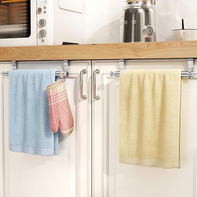 Over Cabinet Towel Holder, Stainless Steel Over The Cabinet Towel Rack Bars for Kitchen Cabinet Doors, Dish Towel Holder with Hooks, 2 Pack (Brushed Nickel)