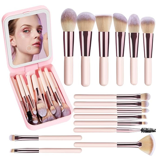 Trendy Teen Girl Gifts – Travel Makeup Brush Set with LED Light Mirror, Perfect Tween Birthday Gifts for Girls 11-16+ year old(Pink)