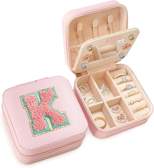 SANDJEST Personalized Jewelry Box, Pink Travel Jewelry Box with Initial K, Small Monogrammed Jewelry Case Organizer for Girls Women Teen Kids, Mini Travel Essentials Gifts for Birthday Christmas