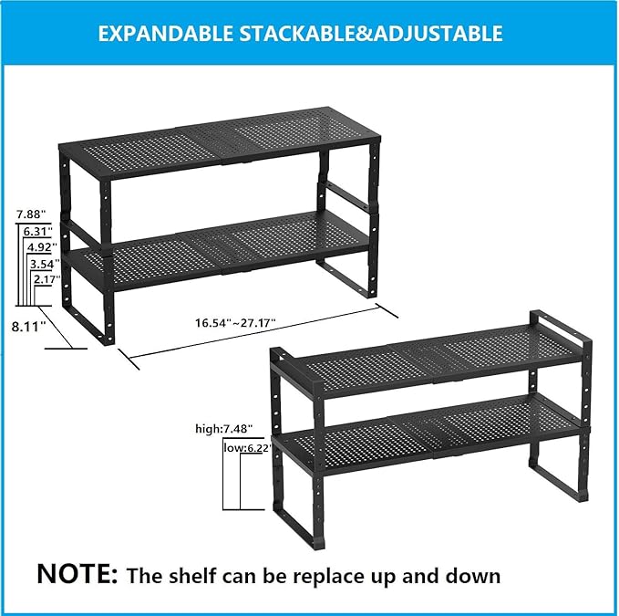 Wobmmi Expandable,Adjustable & Stackable Spice Rack, Cabinet Kitchen Countertop Shelf Organizer,Metal Pantry Storage Shelves - Space-Saving Storage Solution(2Packs/Black/Medium)