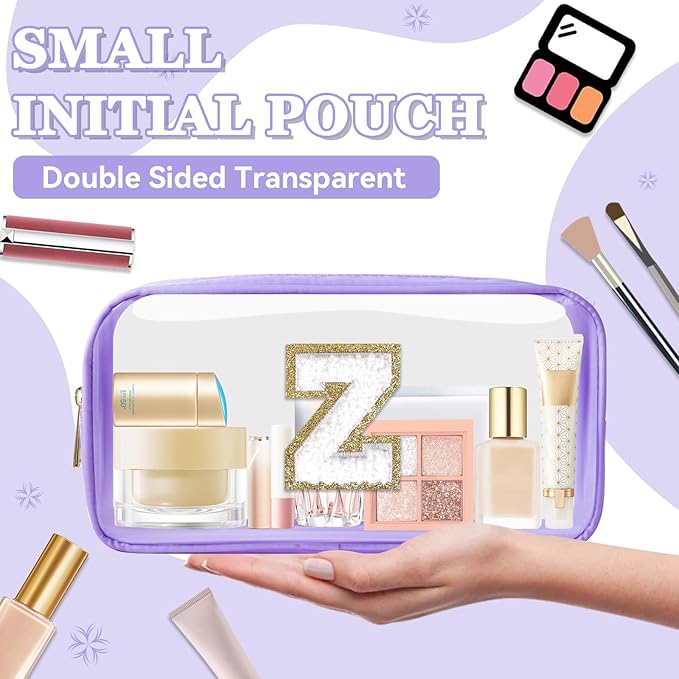 Small Clear Personalized Initial Makeup Bag, Preppy A-Z Chenille Letter Patch Cosmetic Bag, Cute Transparent Nylon Waterproof Zipper Beach Varsity Letter Pouch, Gift for Women Girls(Purple-White Z)