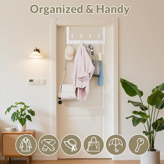 Over The Door Hooks Rustproof - 25lb Heavy Duty Over The Door Towel Rack, Door Hanger for Bathroom, Coat Rack Dorm Room Essentials (2Pack, White)
