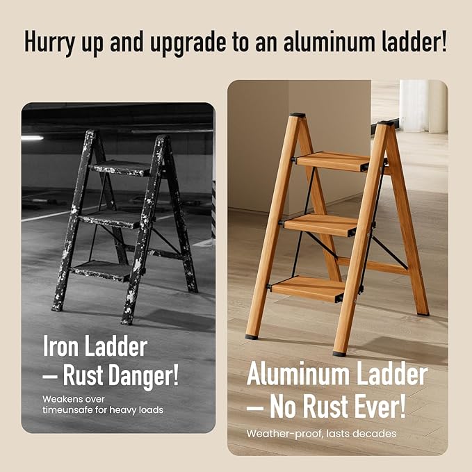 3 Step Ladder, Aluminum Folding Step Stool for Adults, Step Ladder with Wide Anti-Slip Pedal, 330 lbs Capacity for Home, Office, Kitchen, Library (Woodgrain)