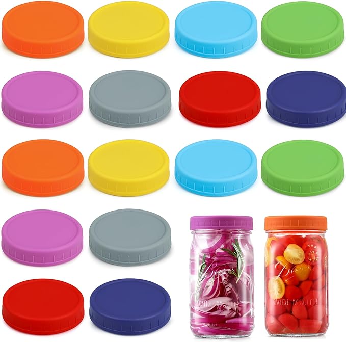 AOZITA [16 Pack] WIDE Mouth Mason Jar Lids for Ball, Kerr and More - Colored Plastic Storage Caps for Wide Mouth Mason/Canning Jars - Leak-Proof, Dishwasher Safe & Food Grade