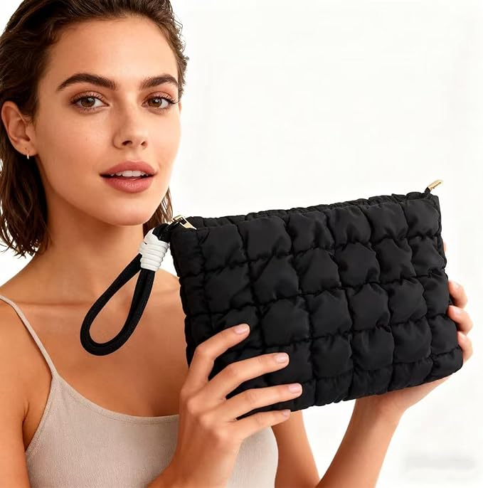 Puffy Quilted Makeup Bag Cosmetic Bag Equipped with a Detachable Handle Cute Zipper Pouch for Storage Clutch for Women(Black)