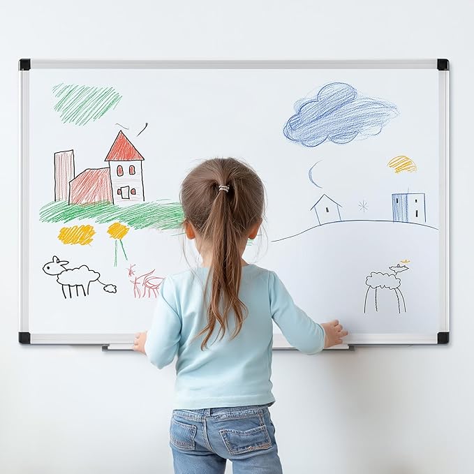 DUMOS Magnetic White Board Kit for Wall 36" x 24", Dry Erase Board with 1 Dry Eraser & 2 Multicolor Markers & 4 Magnetic Pins, Reinforced Aluminum Frame for Home, School, Office